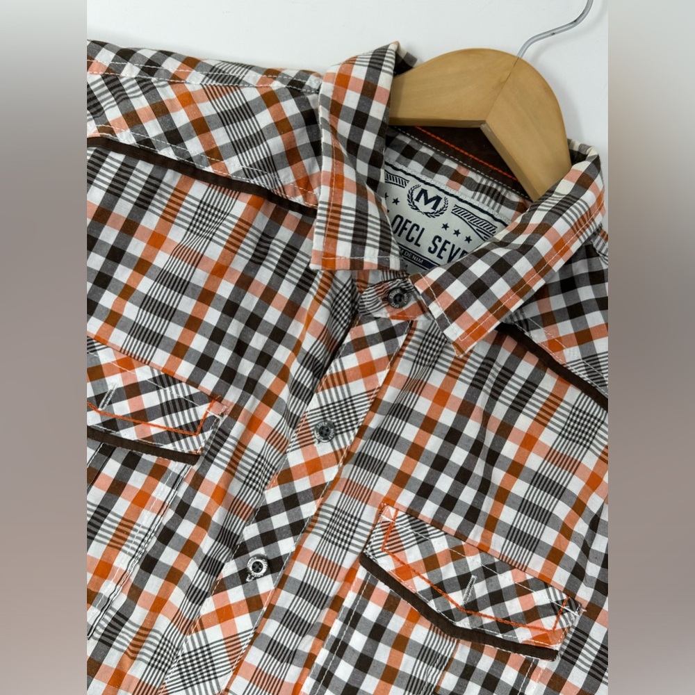 MOST OFCL SEVEN Orange White Check Button Up Short Sleeve Shirt Men's Large GHV8